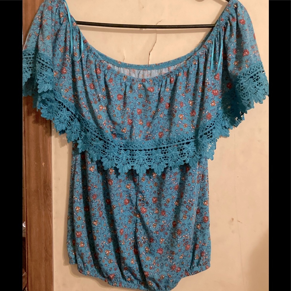 Off the shoulder floral print teal top